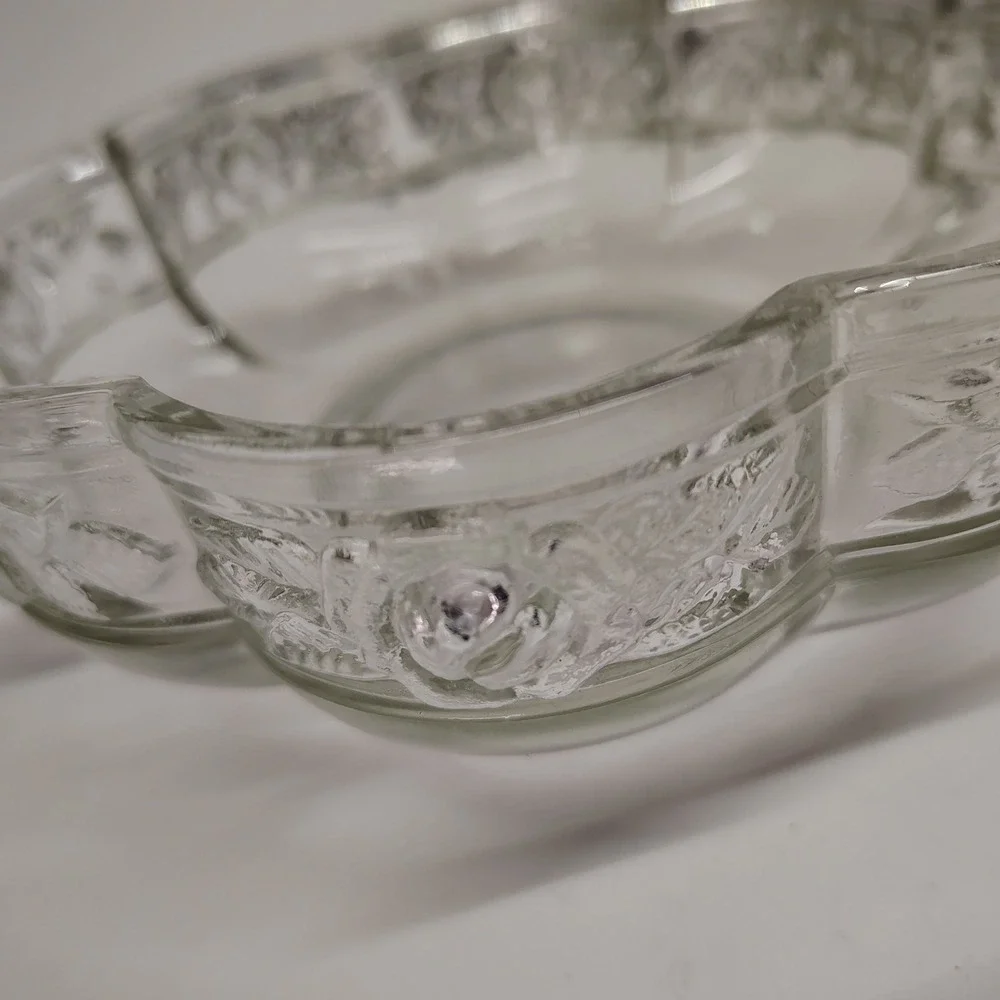 Jeannette Aztec Rose Glass Dish‎ 6in Two Handle Clear Relish Bowl Vintage